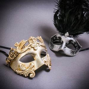 Silver Roman Greek Emperor & Black Feather Women MardiGras Silver Party Eye Mask